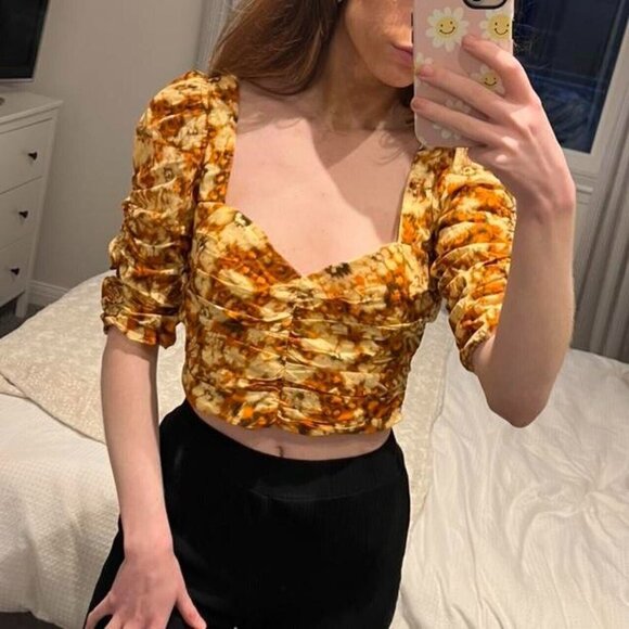 Zara BNWOT womens printed crop top sz small orange floral puff sleeve - Picture 7 of 7